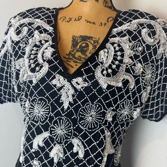 Vintage 100% SILK Denise Elle black white sequin dress floral - Picture 3 of 9